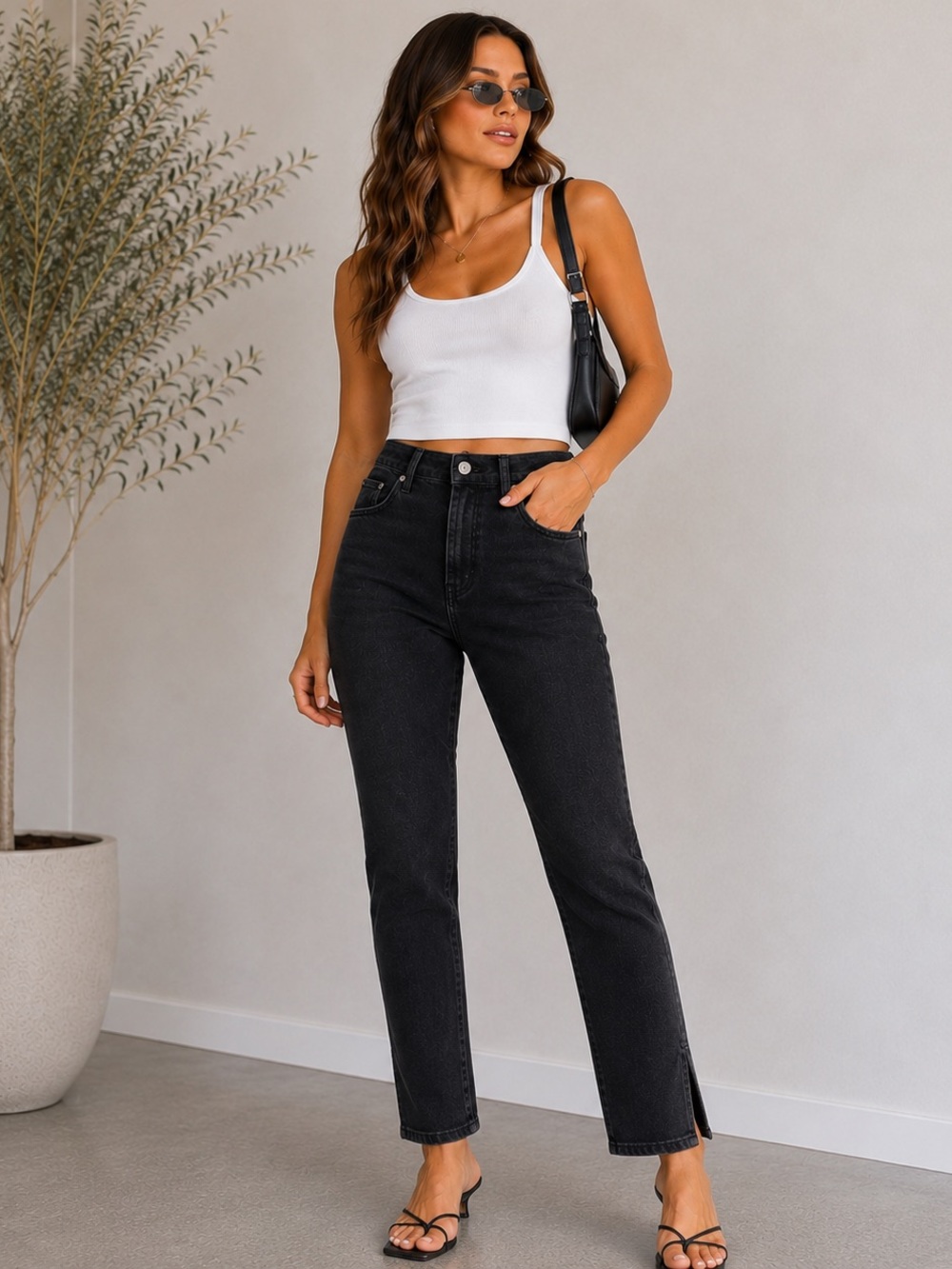 Good American Good‎ Legs Crop Jeans Black High Rise Ankle Slit Size 14/32